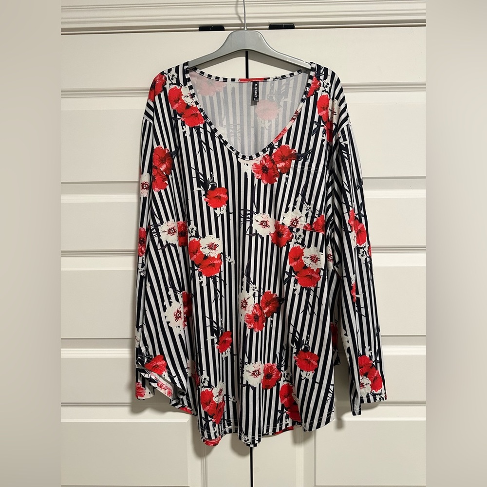 Allegrace Long Sleeve 4X Shirt Black White Stripe with Flowers Front Pocket